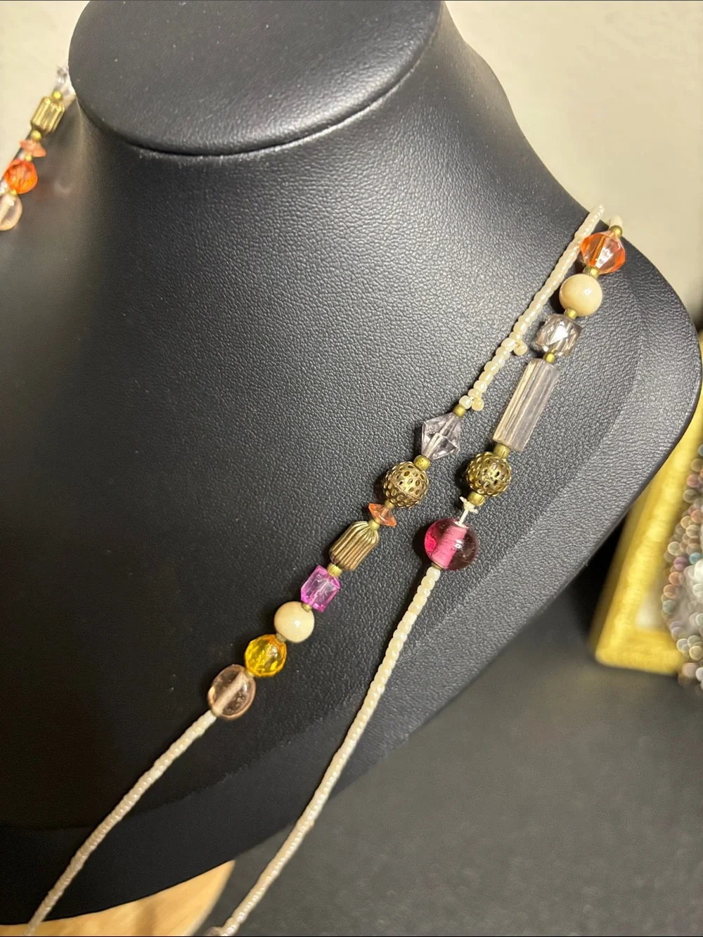 Cream Multicolor Beaded Layered Long Necklace Glass Acrylic Boho Beach